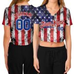 Custom Womens 3D American Flag Cropped Baseball Jersey - White Royal-Red V-Neck Custom Women's White Royal-Red American Flag