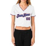 Custom Womens V-Neck Cropped Baseball Jersey in White and Royal-Red Custom Women's White Royal-Red V-Neck Cropped Baseball