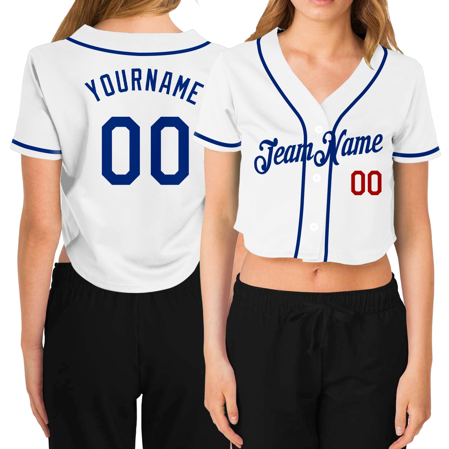 Custom Womens Royal Red White V-Neck Cropped Baseball Jersey Style 6466 Custom Women's White Royal-Red V-Neck Cropped Baseball