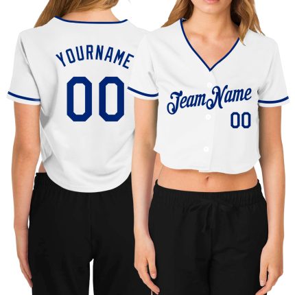 Custom Womens White V-Neck Cropped Baseball Jersey - Stylish Graphic Sports Apparel Custom Women's White Royal V-Neck Cropped