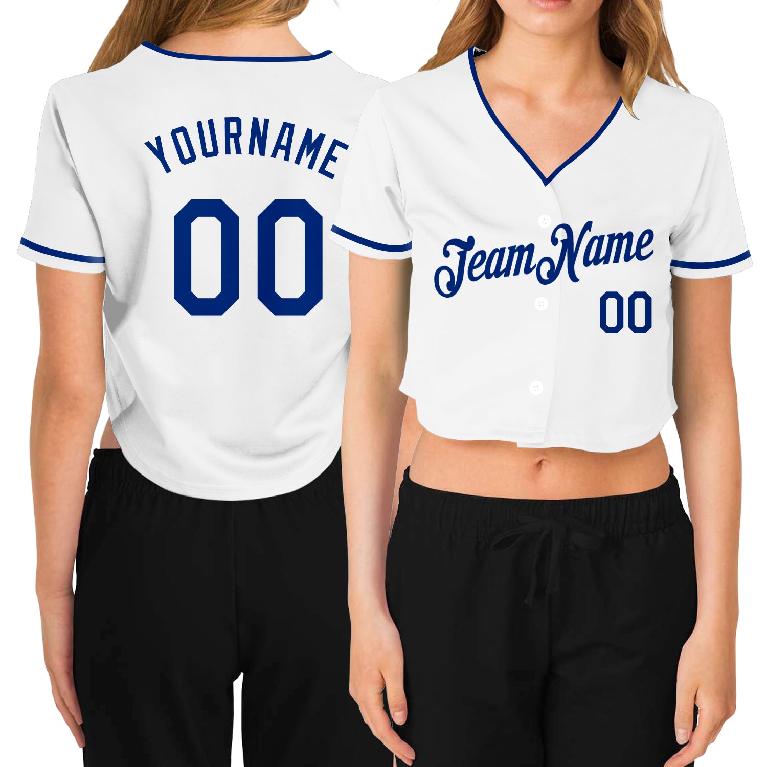 Custom Womens White V-Neck Cropped Baseball Jersey - Stylish Graphic Sports Apparel Custom Women's White Royal V-Neck Cropped