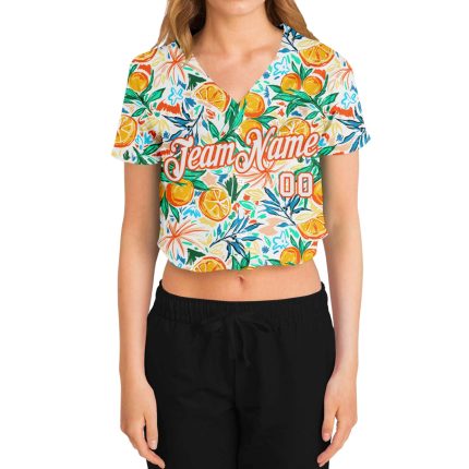 Custom Womens 3D V-Neck Cropped Baseball Jersey - White and Orange Fruits Design Custom Women's White White-Orange Fruits