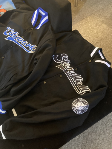 Custom Black and White Varsity Letterman Bomber Jacket - Full-Snap Design photo review