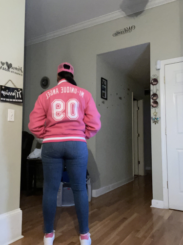 Custom Pink White Varsity Letterman Bomber Jacket Full-Snap Lightweight Style photo review