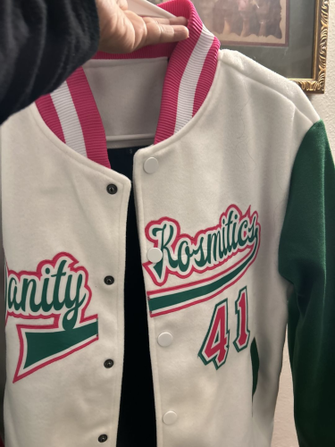 Custom Bomber Jacket White Pink Kelly Green Two Tone Full-Snap Varsity Letterman photo review