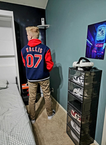 Custom Navy Red White Two Tone Varsity Letterman Bomber Jacket Full-Snap photo review