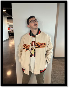 Custom Bomber Varsity Letterman Jacket in Cream Black Orange Old Gold Full-Snap photo review