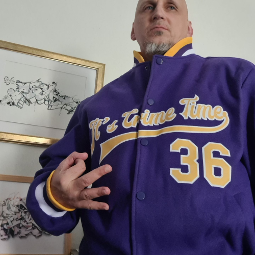 Custom Bomber Jacket Purple Gold White Varsity Full-Snap Letterman Style photo review