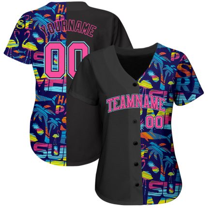 Summer Hawaii 3D Abstract Geometric Baseball Jersey with Palm Trees, Sharks, and Flamingo Design - Personalized Personalized