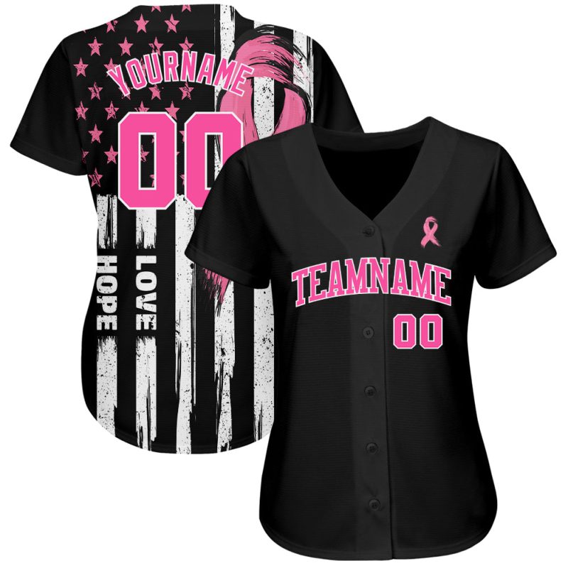 3D American Flag Pink Ribbon Breast Cancer Awareness Jersey for Women - Personalized Health Care Support Baseball Jersey