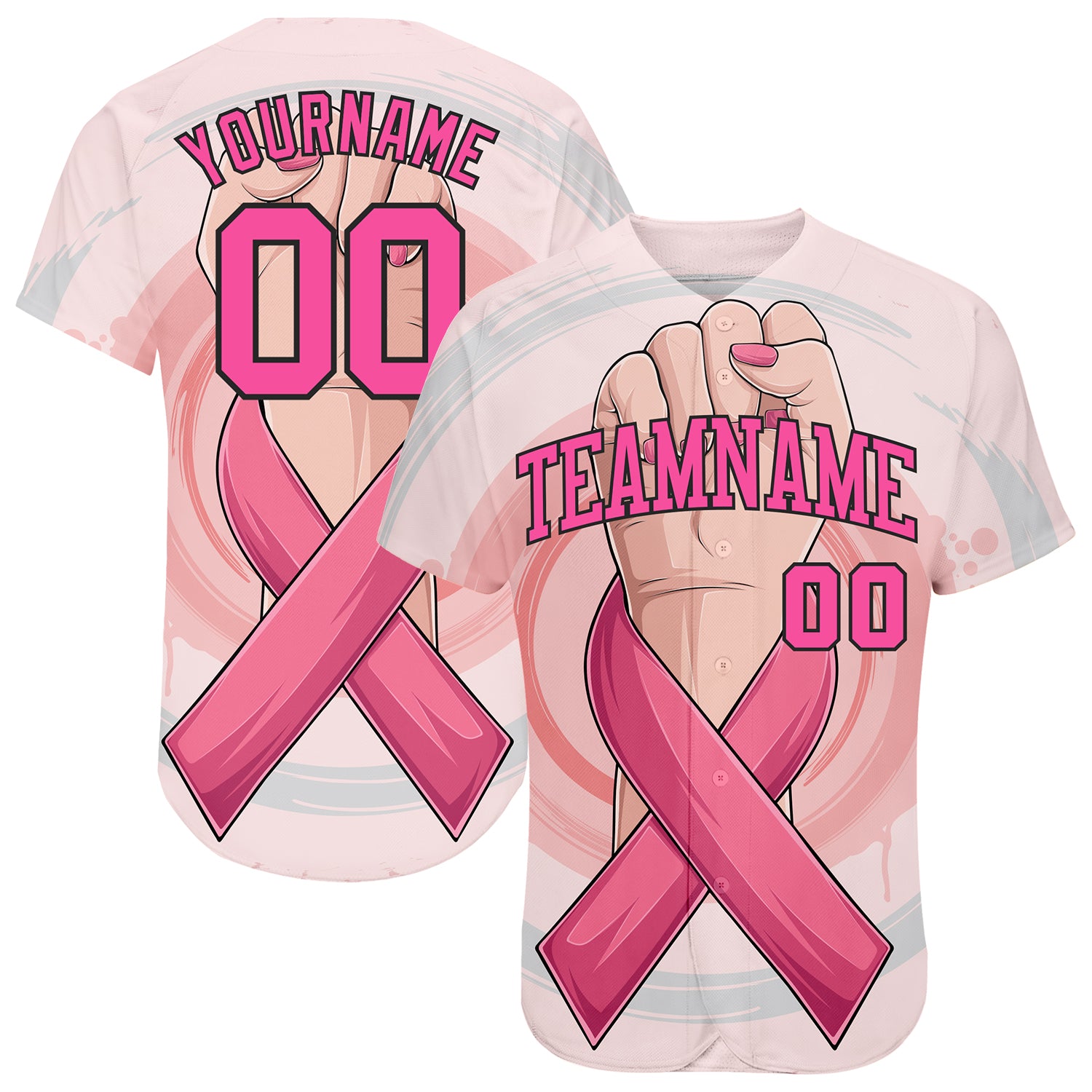 Personalized Breast Cancer Awareness Jersey with Womens Hand & Pink Ribbon, Custom Name & Number for Women's Health Care Support