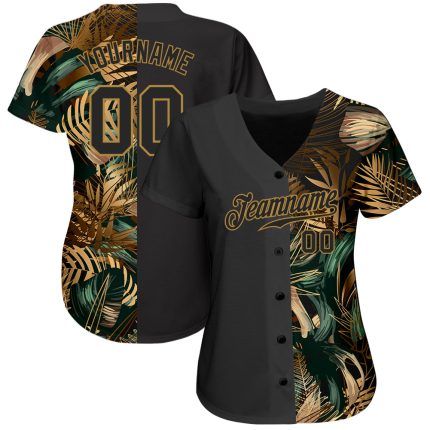 Personalized 3D Tropical Leaves Baseball Jersey in Golden and Green, Jungalow and Hawaii Style Personalized 3D Golden And