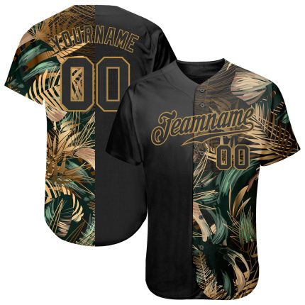 Personalized 3D Tropical Leaves Baseball Jersey in Golden and Green, Jungalow and Hawaii Style Personalized 3D Golden And