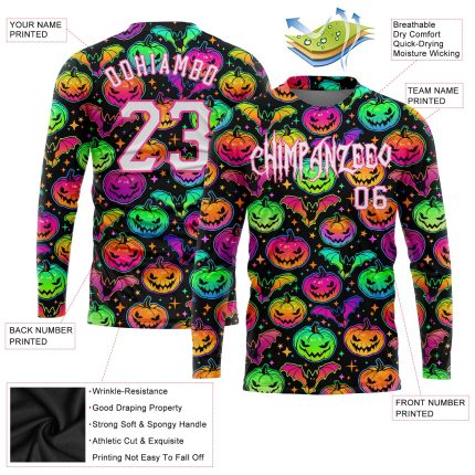 3D Personalized Halloween Pumpkins and Bats Long Sleeve T-Shirt for Performance Personalized 3D Halloween Pumpkins And Bats
