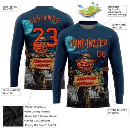 Custom 3D Horror Night Halloween Pumpkins Long Sleeve Performance T-Shirt Personalized 3D Halloween Pumpkins Horror Night