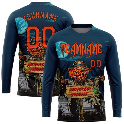 Custom 3D Horror Night Halloween Pumpkins Long Sleeve Performance T-Shirt Personalized 3D Halloween Pumpkins Horror Night