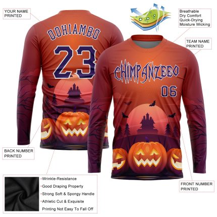 Halloween 3D Personalized Pumpkins T-Shirt for Horror Night - Long Sleeve Performance Tee Personalized 3D Halloween Pumpkins