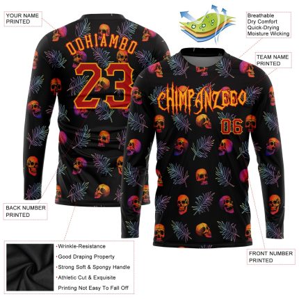 Personalized 3D Halloween Skulls Palm Leaves Long Sleeve Tee for Performance Wear Personalized 3D Halloween Skulls And Palm