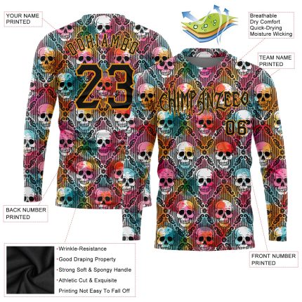 Custom 3D Halloween Skulls Long Sleeve T-Shirt for Men and Women - Performance Apparel Personalized 3D Halloween Skulls Long