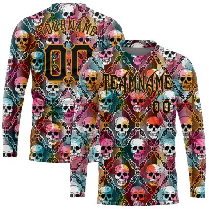 Custom 3D Halloween Skulls Long Sleeve T-Shirt for Men and Women - Performance Apparel Personalized 3D Halloween Skulls Long