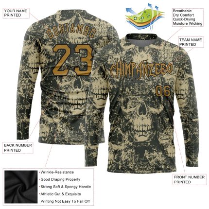 Custom 3D Halloween Skull Long Sleeve Performance T-Shirt for Men and Women Personalized 3D Halloween Skulls Long Sleeve