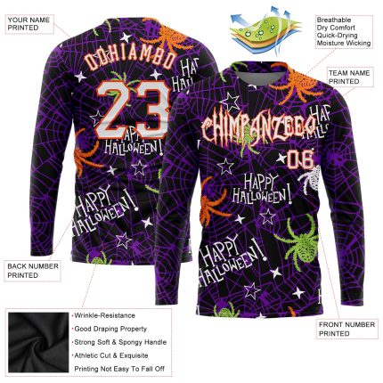 Happy Halloween Spiders 3D Personalized Long Sleeve Performance T-Shirt Personalized 3D Happy Halloween Spiders Long Sleeve