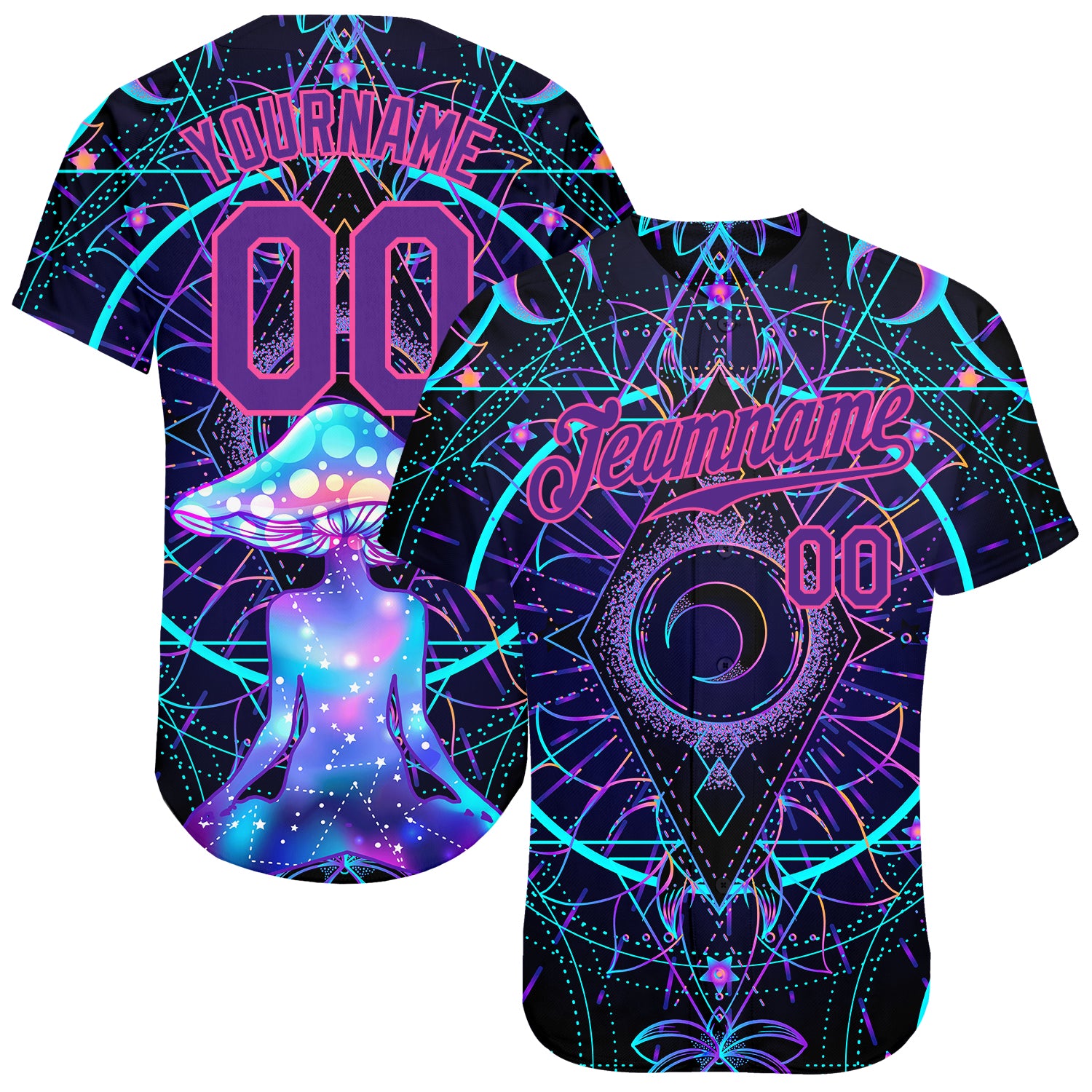 Personalized Psychedelic 3D Magic Mushrooms Baseball Jersey Over Sacred Geometry Personalized 3D Magic Mushrooms Over Sacred