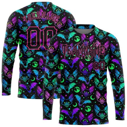 Custom Name and Number Halloween Bats 3D Pattern Long Sleeve Performance T-Shirt - Bright Multicolored Design Personalized