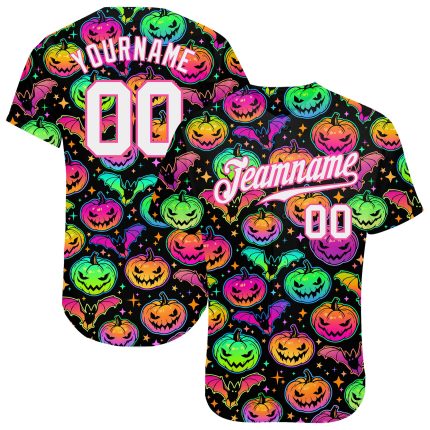 Custom Name and Number Bright Multicolored Halloween Pumpkins and Bats 3D Pattern Baseball Jersey Personalized 3D Pattern