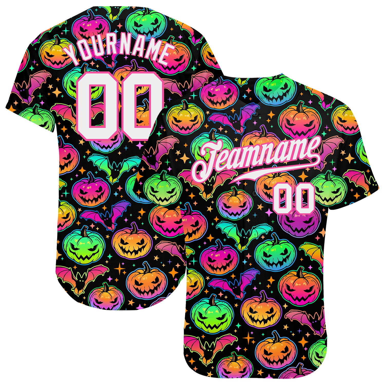 Custom Name and Number Bright Multicolored Halloween Pumpkins and Bats 3D Pattern Baseball Jersey Personalized 3D Pattern