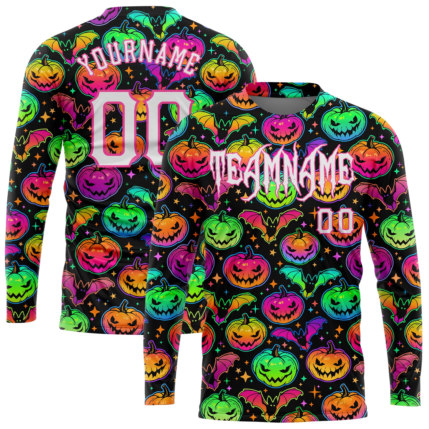 Custom Name and Number 3D Halloween Pumpkins and Bats Long Sleeve Performance T-Shirt Bright Multicolored Design Personalized