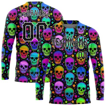 Custom Name Number Long Sleeve Performance T-Shirt Multicolored Halloween Skulls 3D Pattern Bright Design Personalized 3D