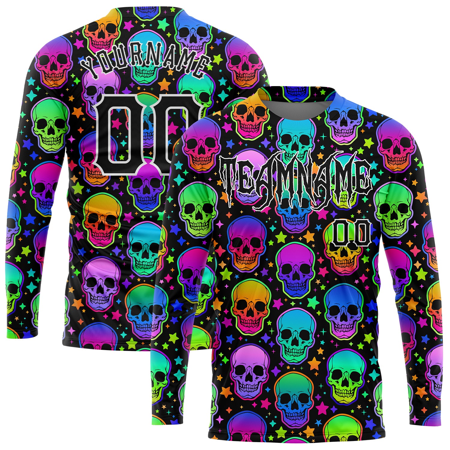 Custom Name Number Long Sleeve Performance T-Shirt Multicolored Halloween Skulls 3D Pattern Bright Design Personalized 3D