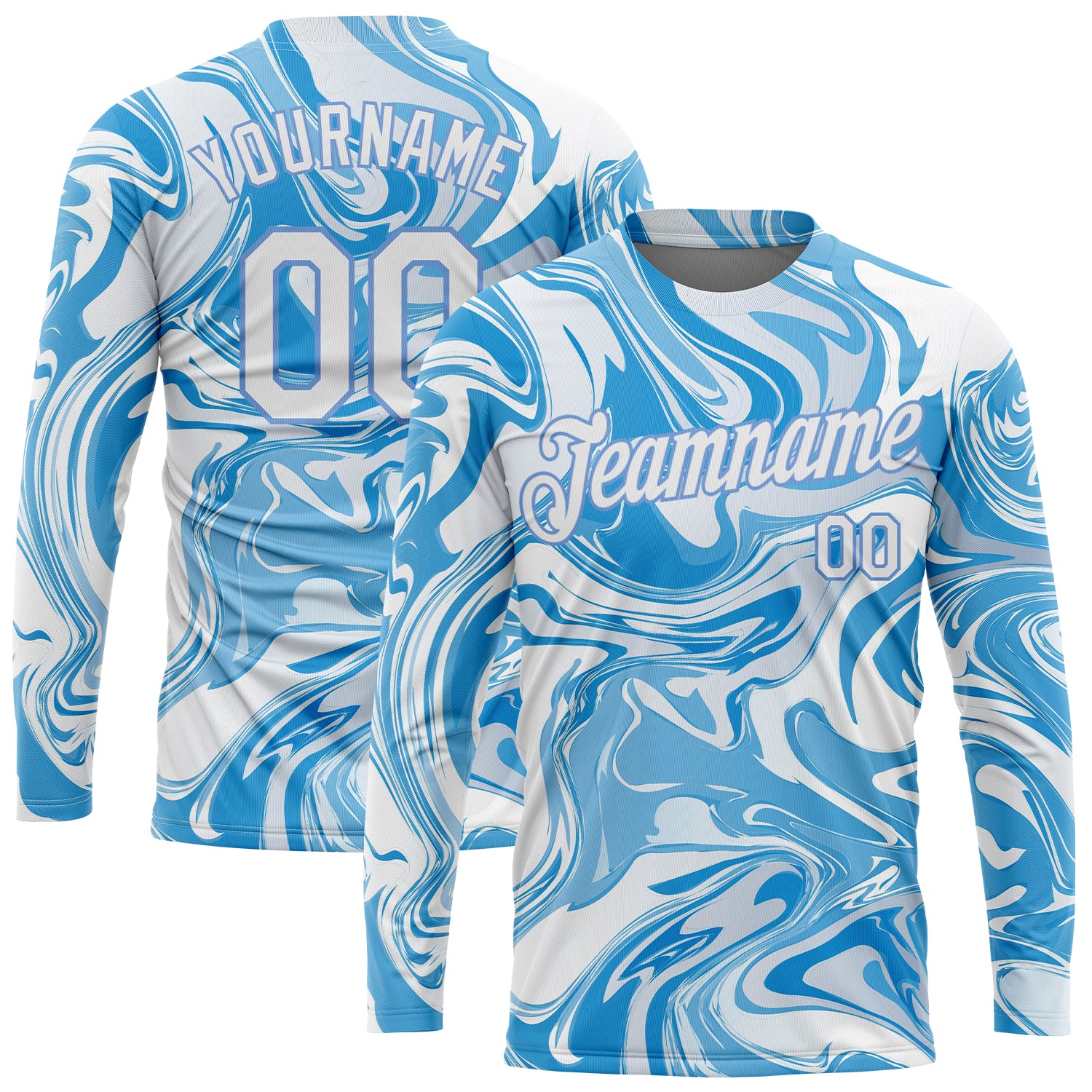 Custom Name and Number 3D Ocean Waves Fluid Art Long Sleeve Performance T-Shirt - Personalized Team Apparel Personalized