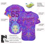 Custom Name and Number Baseball Jersey Featuring 3D Sitting Buddha Design over Colorful Neon Background with Psychedelic Mushrooms