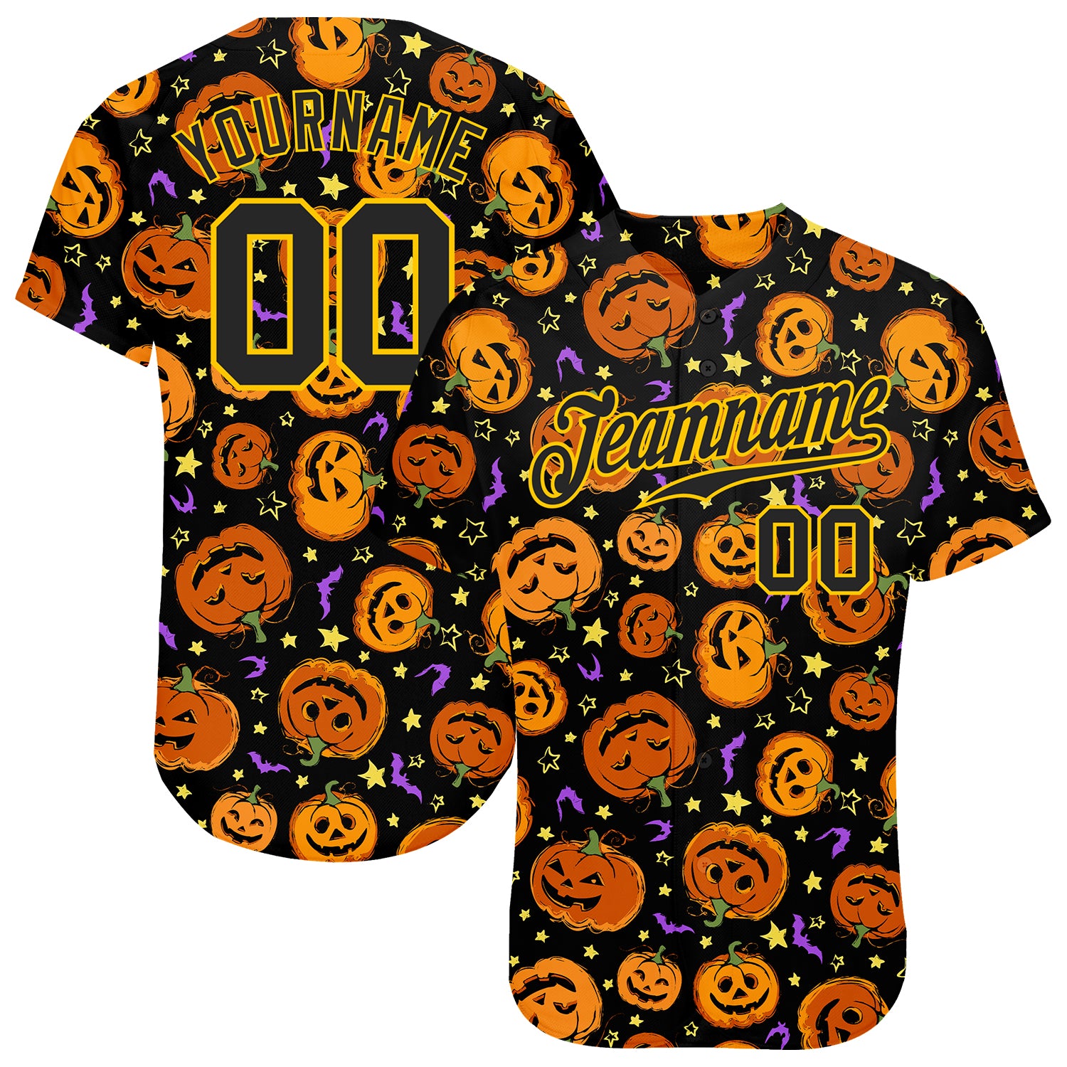 Custom Name Number Authentic Baseball Jersey Halloween Pumpkins Bats Stars 3D Pattern - Personalized Team Apparel Personalized