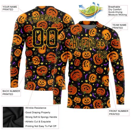 Custom Name and Number 3D Pattern Halloween Long Sleeve T-Shirt with Pumpkins, Bats, Stars Design Personalized 3D Pattern