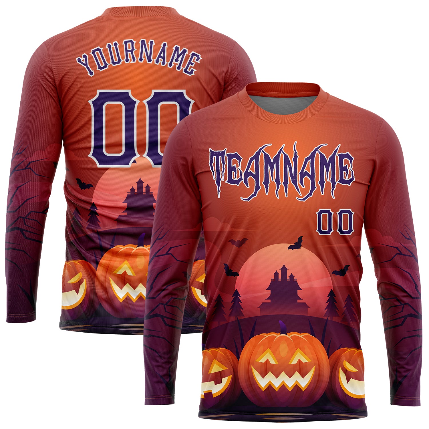 Custom Name and Number Halloween Pumpkins 3D Pattern Long Sleeve Performance T-Shirt for Horror Nights Personalized 3D Pattern