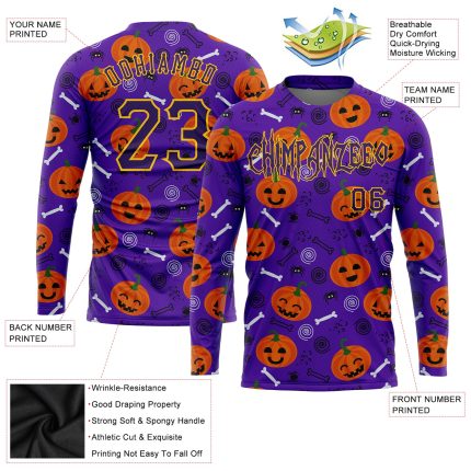 3D Pattern Halloween Pumpkins Long Sleeve T-Shirt - Personalized Performance Tee Personalized 3D Pattern Halloween Pumpkins