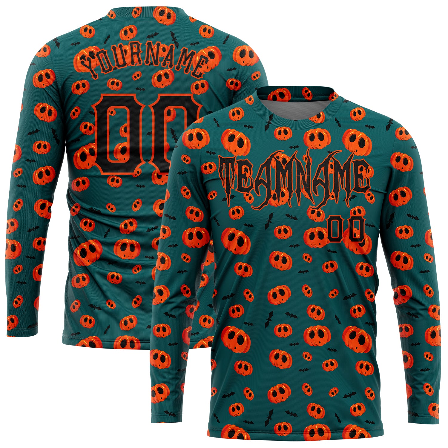 Custom Name and Number Long Sleeve Performance T-Shirt for Halloween with 3D Pattern Pumpkins Personalized 3D Pattern Halloween