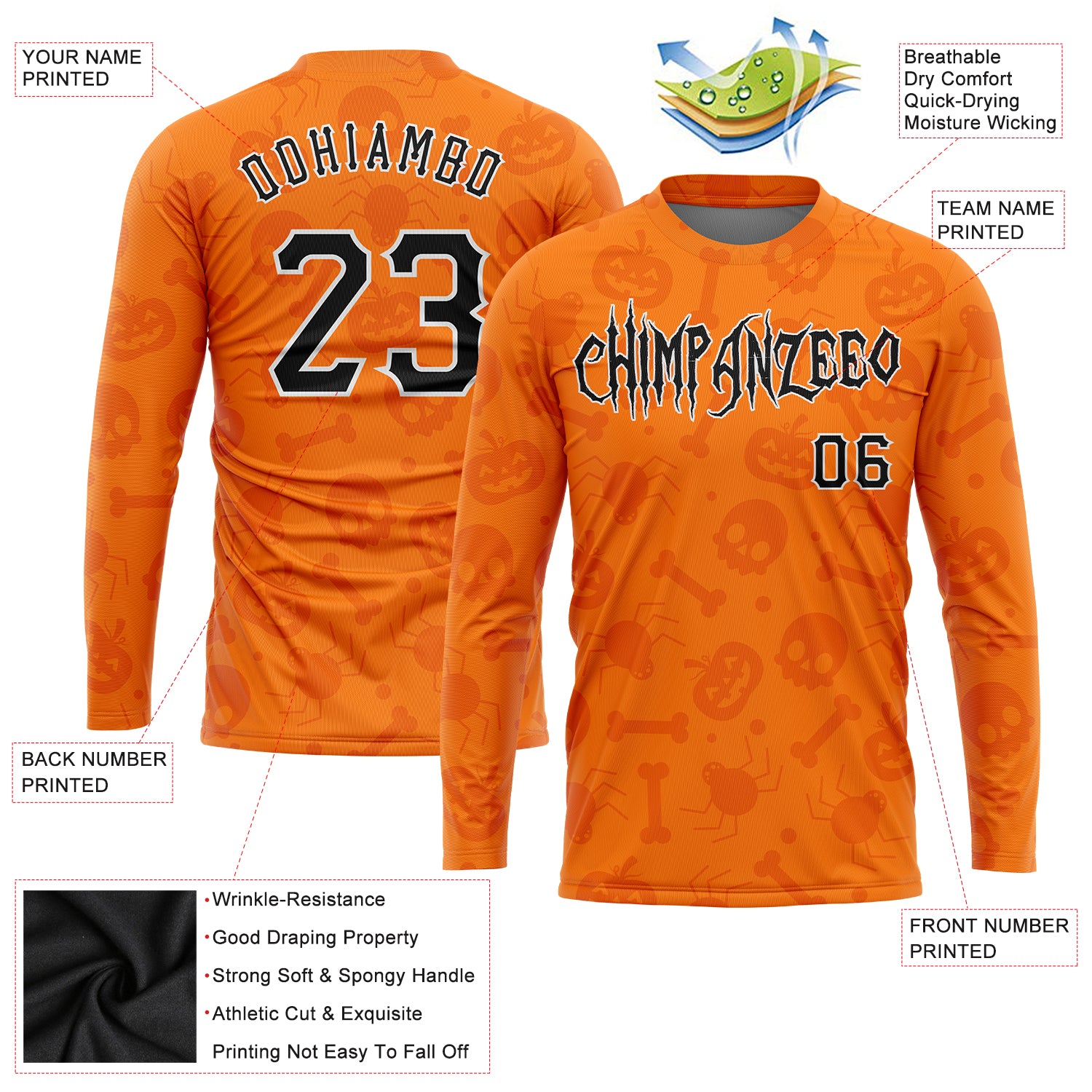 Personalized 3D Pattern Halloween Pumpkins Skulls Candies Spiders Long Sleeve Performance T-Shirt Team Custom Name and Number Halloween Personalized Long Sleeve Performance T-Shirt with 3D Pumpkins, Skulls, Candies, and Spiders - Custom Name & Number - Image 2