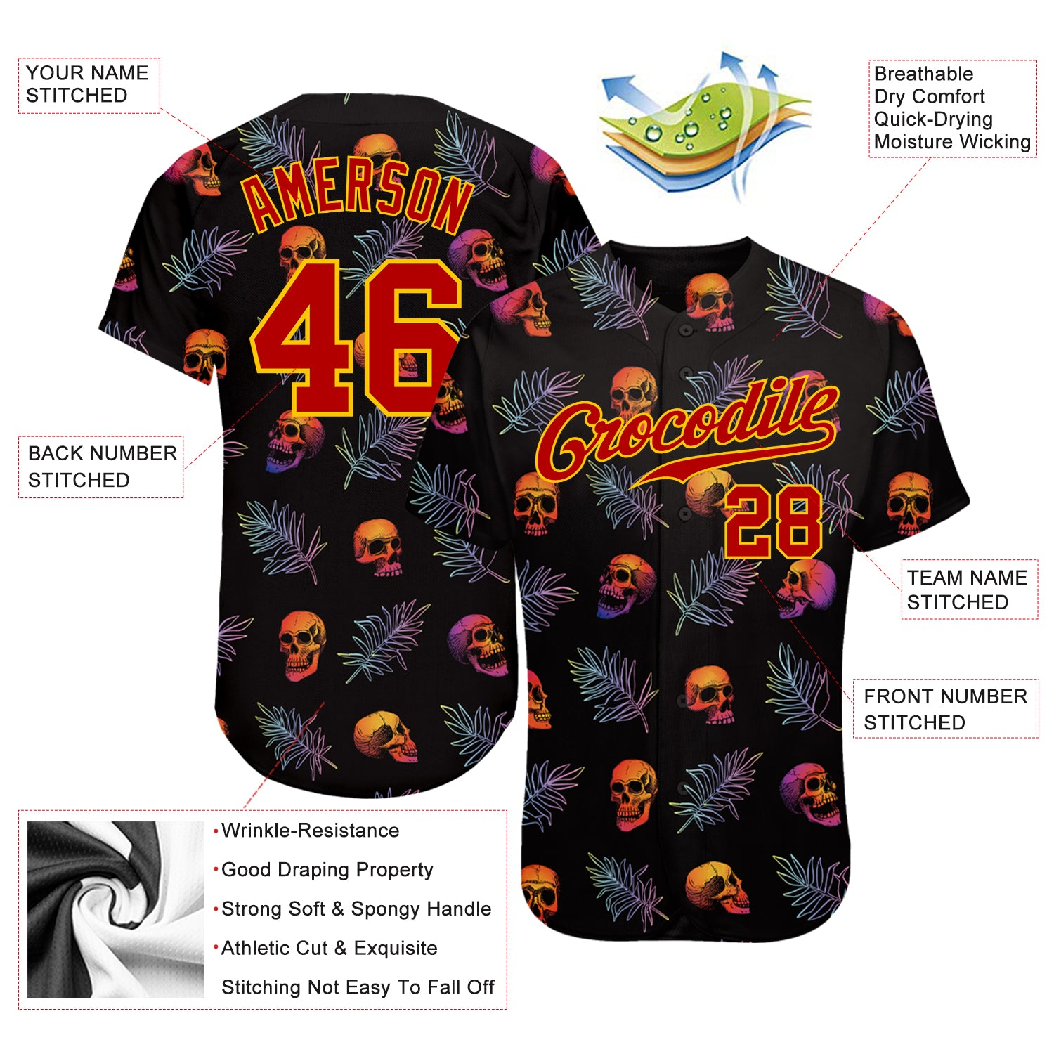 Personalized 3D Pattern Halloween Skulls And Palm Leaves Authentic Baseball Jersey Team Custom Name and Number Personalized Halloween Skulls and Palm Leaves 3D Pattern Custom Baseball Jersey with Name and Number Personalized 3D Pattern - Image 3