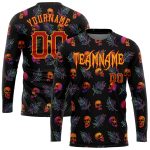 Custom Name and Number 3D Pattern Halloween Skulls Palm Leaves Long Sleeve Performance T-Shirt Personalized 3D Pattern Halloween