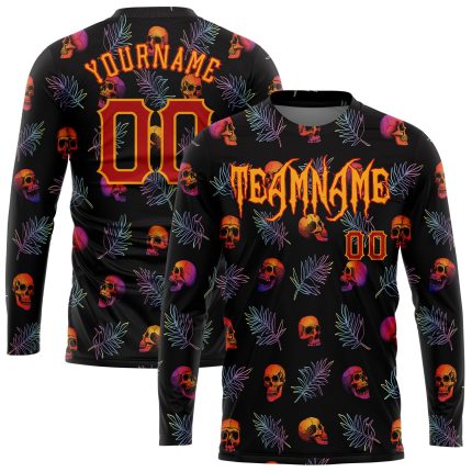 Custom Name and Number 3D Pattern Halloween Skulls Palm Leaves Long Sleeve Performance T-Shirt Personalized 3D Pattern Halloween
