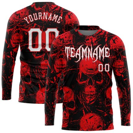 Custom 3D Skull Halloween Long Sleeve Performance T-Shirt - Spooky Apparel for Fall Personalized 3D Pattern Halloween Skulls