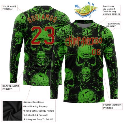 Custom 3D Pattern Halloween Skull Long Sleeve Performance T-Shirt Personalized 3D Pattern Halloween Skulls Long Sleeve Performance