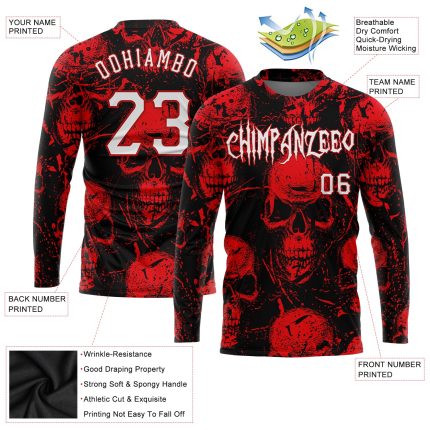 Custom Halloween Skulls Long Sleeve Performance T-Shirt with Name and Number - Personalized 3D Pattern Design Personalized