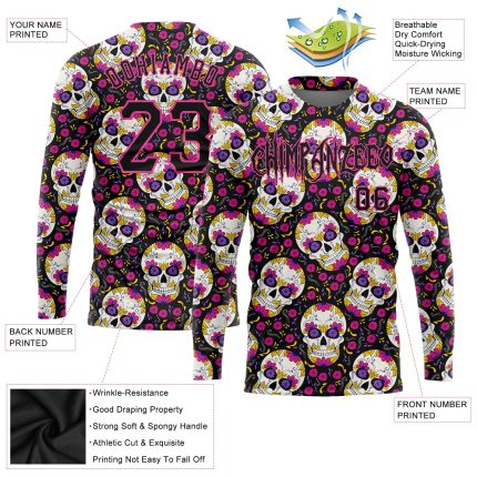 Custom Team Name and Number Performance T-Shirt, Floral 3D Pattern Skulls Halloween Long Sleeve Personalized 3D Pattern Halloween