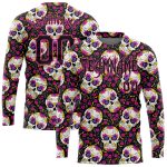 Custom Team Name and Number Performance T-Shirt, Floral 3D Pattern Skulls Halloween Long Sleeve Personalized 3D Pattern Halloween