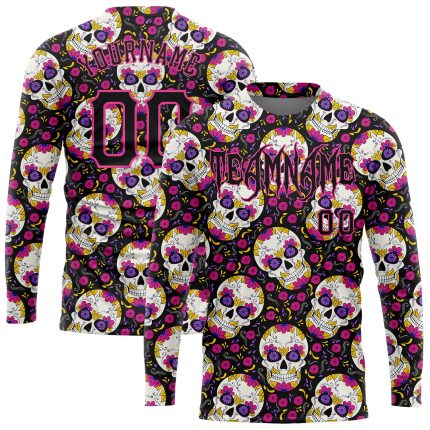 Custom Team Name and Number Performance T-Shirt, Floral 3D Pattern Skulls Halloween Long Sleeve Personalized 3D Pattern Halloween
